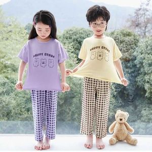 Pajamas Pajamas Purple casual wear girl pajama set 3 to 12 years retro plain summer pajamas boy pajamas cotton short sleeved top+pants WX5.21