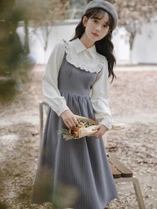 Casual Dresses French Literary Retro For Women Grey Ruffle Lapel Chic Dress Korean Preppy Style Female Fashion Autumn Vestidos