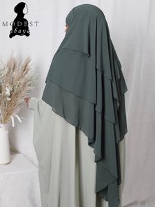 Roupas étnicas khimar hijab de volta três camadas véu islâmico para mulheres dubai peru crepe cenário lenço muçulmano xale roupas de oração Ramadã