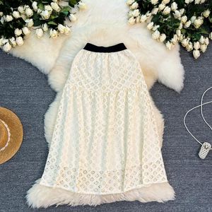 Skirts Women Chic Lace Pleated High Waist Loose Full Skirt Party Fashion Vintage A-line Summer Korean Sweet Cut Out