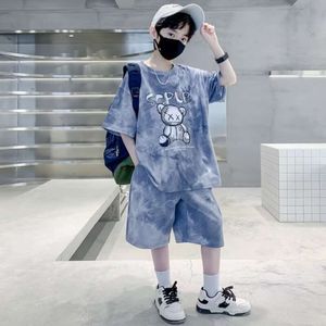 Summer Teenage Boy Cartoon Bear Clothes Set Children Girls Tie Dye Tshirts and Shorts 2sts Suit Kid Top Bottom Outfits Tracksuit L2405