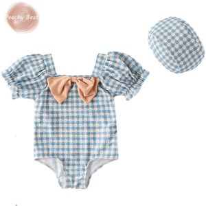 Dziewczyno kratą puff rękawy niemowlę dziecięce dziecko stroje kąpielowe+czapka 2pcs Bow Swim Kąpiel Suit Summer Baby Ubrania 1-10Y L2405
