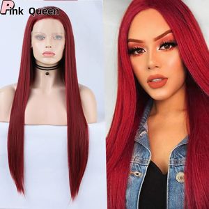 13*2.5 lace front wig Eur Us selling wine red chemical fiber high temperature silk synthetic lace wigs natural hairline 240523