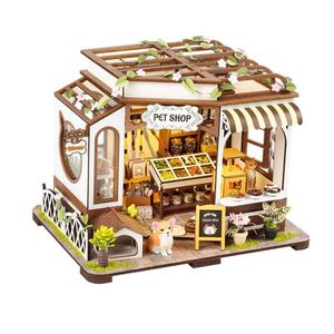 Doll House Accessories New DIY Wooden Casa Doll House Mini Building Kit Pet Shop Doll House with Furniture LED Lights Suitable for Girls Birthday Gifts Q240522