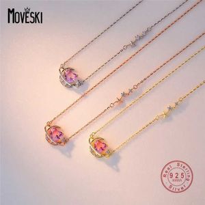 Pendant Necklaces SKI 925 Sterling Silver Pink Gradient Crystal Zircon Moon Heart Pendant Necklace Womens Sweet Banquet Jewelry Gifts S2452206