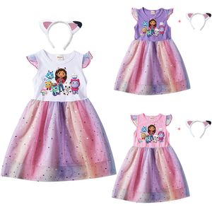 Cartoon Gabby Cats Baby Girl Dresses Kids Gabby's Doll House Clothes Cosplay Costume Children Fly Sleeve Casual Dress + Headband L2405