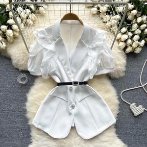 Women's Blouses Clothland Women Elegant Beading Ruffle Blouse Belt Single Breasted White Black Shirt Summer Retro Jacket Tops Mujer DA535
