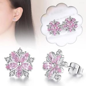 Studörhängen lyx kvinnlig rosa zirkonsten söt silverfärg bröllop smycken trendig blomma liten för kvinnor