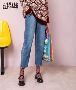 Elfsack Blue Solid Pocket Washed Casual Straight Women Jeans 2020 Winter Elastic Waist Korean Loose Office Ladies Daily Trousers L5573636