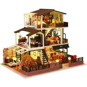 Doll House Accessories DIY Wooden Doll House Mini Building Kit with Furniture and Light Assembly Romantic Big House Girl Toys Q240522