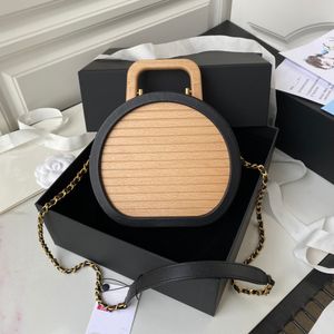 Fashion women chain shoulder bag luxury mirror quality wooden box bag genuine leather crossbody bag small round handbag with box