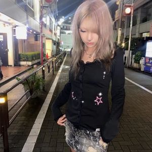 HOUZHOU Cyber Y2k Stars T Shirt Women Gothic Style Long Sleeve Slim Coquette Lace Harajuku Cardigan Tee Shirt Vintage 90s Tops 240523