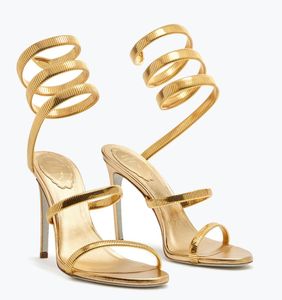 Top Luxury Women Juniper Metal Sandals Shoes Gold Silver Grey Spiral Wraps Strap High Heels Ankle Strappy Party Wedding Summer Gladiator Sandalias