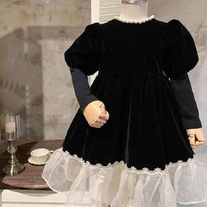 Girl's Studded Fake Two Piece Lace Patchwork Long Sleeves Princess Autumn Winter New Party Birthday Dress L2405