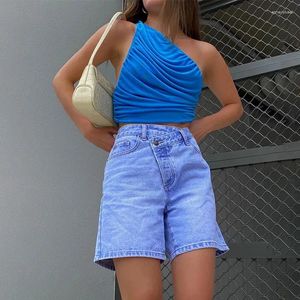 Kvinnors tankar kläder toppar tees camis kvinnlig sensorisk en axel fast färg väst sexig rygglös skörd camisole sommar