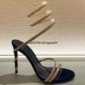 Sandálias em forma de cobra cinturão fino mulher diamante verão 2024 moda de salto alto steletto redou dedo de pé aberto c23 francês feminino