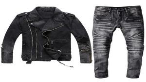 Winter Mens Black Denim Duas peças Conjunto de jóias de jeans e jeans de moto de moto de outono Slim Jeans Vintage 2pcs conjuntos de roupas de marca de roupas 7290639