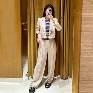 Women's Jackets 2024 Early Spring Women Casual Vertical Striped Right Shoulder Suit Collar Short Jacket Straight Trousers