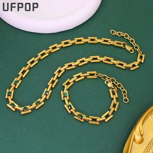 Shiny AAA Zirconia 18K Gold Plated Rostfri Steel Smycken Set Unisex Waterproof Cuban Chain DIY Accessories 240511