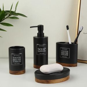 Sıvı Sabun Dispenser Seramik Banyo Aksesuarları Seti 4 PCS Tumbler Diş Fırçası Tutucu Dikkat Akasya Ahşap