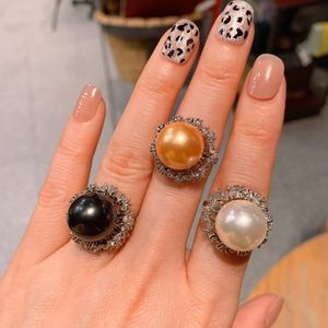 Atacado vintage barroco mulit cor shell natural pérola exageros de metal anéis de dedos grandes anéis de pérolas para mulheres joias de moda de festas de festa
