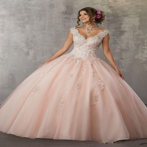 2020 Pink V Neck Quinceaneara Abiti Abito da ballo Vestidos de Quinceanera Kevelehole Back Sweet 16 Abiti Abiti da ballo a pavimento 173S 173S