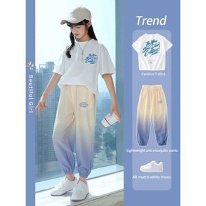 Trend Summer Sports 2st Ice Silk T-Shirts+Ninth Anti Mosquito Pants Suits 5-13 Years Girls Loungewear Oufits Kids Clothes F24523