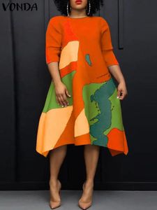 Plus -storlek Vonda Women Midi Dress 2024 Elegant Vintage Tryckt Asymmetrisk sommarhalva ärm Sundress Casual Vestidos 240514