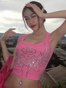 Kvinnors tankar Camis Hugcitar Wing Rhinestones Ribbed Womens Top 2023 Summer Y2K Clothing Pink Tank Street Clothing Sexig kläder Direkt frakt J240523