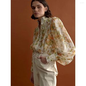 Kvinnors polos högkvalitativ silke och linne blandad stand-up krage sömmar spetslykta ärm Löst temperament tvådelar skjorta