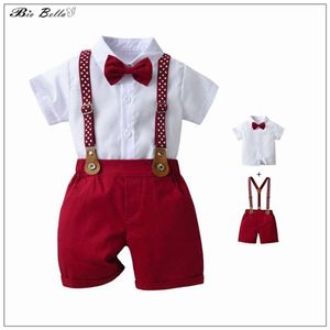 Roupas de verão infantil Mavalheiros formais para roupas de 1 a 4 anos de roupa de manga curta+calça do cinto de casamento Crianças de aniversário L2405