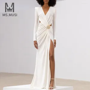 Casual Dresses MSMUSI 2024 Fashion Women Sexig Crystal Button Hollow Out Fold Slit Long Sleeve BodyCon Party Club Maxi Dress Gown