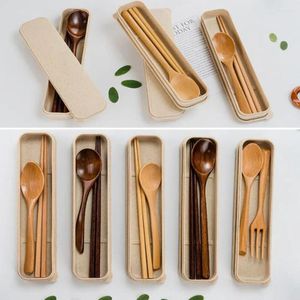 Geschirrsets natürlicher Holzlöffel mit Box handgefertigtes Abendessen Kit Fork Chopstäbchen Küchenzubehör