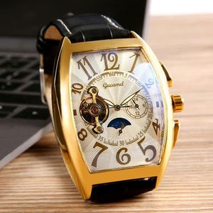 Armbandsur som säljer herrkopier Square Watch Hollow Automatic Mechanical Watches Leather Strap Tourbillon Hand Male Wristwatch Gif 274i