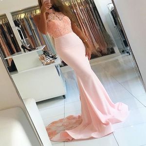 New Pink Mermaid Prom Dress vestido de formatura Halter Appliques Lace Beaded Evening Gown Backless Prom Dresses Long 252V