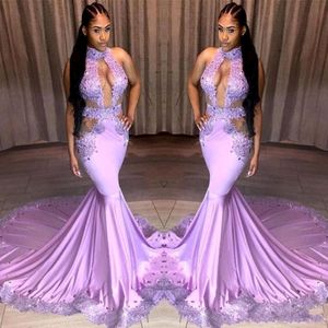 2019 Ny Sexig Light Purple Prom Dresses Keyhole Neck Lace Appliques Sequin Cutaway Sides Sweep Train Cheap Evening Party Homecoming Go 2756