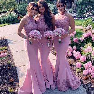 Lace Mermaid Bridesmaid Dresses Halter Neck Evening Dress Beaded Wedding Guest Dress Sleeveless Maid of Honor Gown 269O
