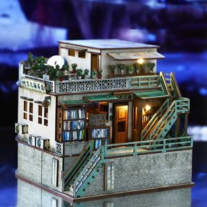Doll House Accessories DIY Wooden Casa Doll House Mini Building Kit Time Sea Bookstore Furniture Doll House Q240522