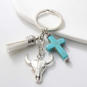 Handmade Fashion Keychains Metal Sier Color Cow Head Cross Key Rings For Women Men Friendship Gift Handbag Decoration Jewelry