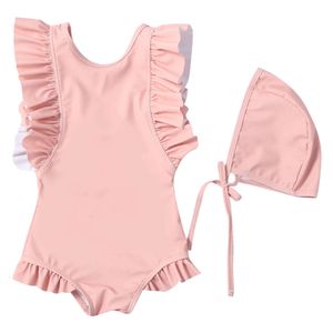 Happyflute 0-8y Kids Ruffled Style jednoczęściowy zwykły kolor Swimsuit Baby Girl's Fashion Princess Szybki z kapeluszem L2405