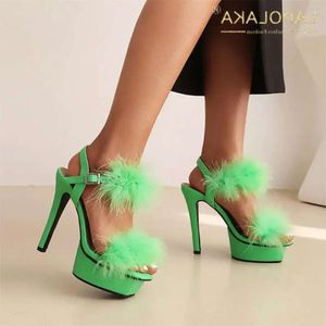 Süper lapolaka kadın yüksek yaz sandaletler topuklar ince platform ayakkabı tüy dekro seksi parti kulübü cosplay elbise 58a