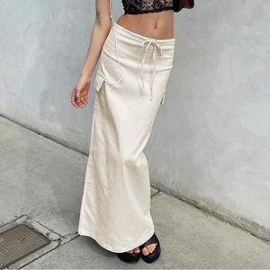 Skirts Hirigin Women Y2k Cargo Long Skirt Low Waist Drawstring Bodycon Maxi Vintage Slit With Pockets Streetwear