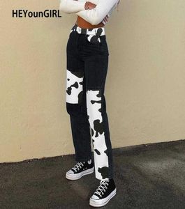Heyoungirl Patchwork Cow Print Jeans Women Y2K Casual High Maisted Pants Capris Harajuku 90s Black Long Trousers Ladies Street X062638576