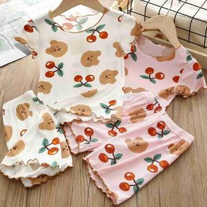 Pyjamas Pyjamas Korean Summer Nya nattkläder Set Cute Cherry T-shirt Baby Girl Dress Kortärmad Top Short Sleeved 2st Preschool Lounge Clothing 1 2 3 4 Years Wx5.21