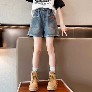 Shorts Shorts 2024 Summer New Youth Girls Solid Color Denim Shorts High Quality Jeans Girls Clothing 5-14 Fashion Shorts WX5.22