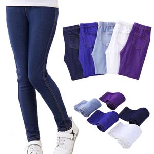 Vår sommarflickor elastiska mager fasta färg barn stretch byxor 3-12 år barn lmitation denim tyg jeans byxor l2405