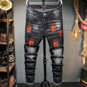 Men039s Black Jeans Streetwear Fashion Trousers Embroidery Skull Stretch Denim Biker Jeans High Quality Male Casual Designer Ri3603441