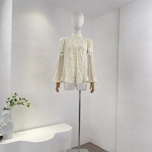 Women's Blouses 2024 High Quality Autumn Hollow Out Long Sleeve Lace Patchwork Blouse And Tops