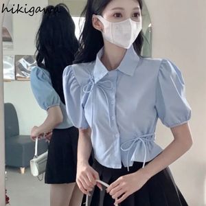 Blusas De Mujer Puff Sleeve Tunic Bow Blouses Women Clothing Crop Tops Hollow Out Folds Summer Shirts Chic Vintage Blouse 240523
