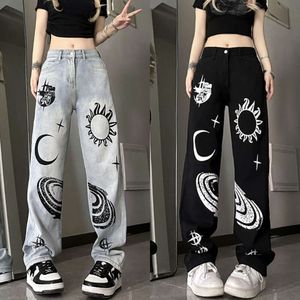 Nuovi jeans in stile americano per la tendenza di Instagram femminile versatile versatile a vita alta gamba sciolta bloccando pantaloni casual gamba gamba dritta più